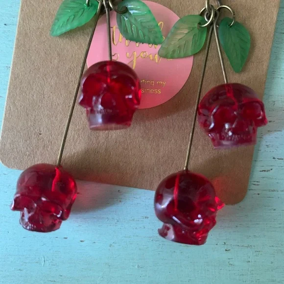 BOGO Cherry skull earrings. Edgy jewelry - Picture 3 of 5